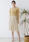 Glimmering Pleated Mesh Midi Skirt in Champagne