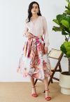 Artistic Floral Jacquard Organza Pleated Midi Skirt in Coral