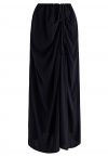 Breathable Linen Drape Maxi Skirt in Black