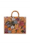 Sequin Floral Embroidered Bamboo Handle Tote Bag in Orange
