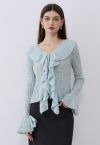Exaggerated Ruffle Neck Self-Tie Knit Top in Blue