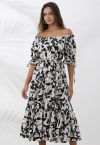 Off-Shoulder Frilling Cotton Dress in Black Floral