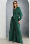 Sash Adorned Wide Leg Pleated Jumpsuit in Dark Green