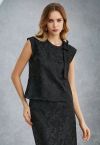 Embroidered Floral Pearly Bowknot Sleeveless Top in Black