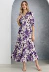 Purple Floral Jacquard Frilling Wrapped Dress