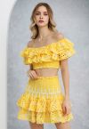 Ruffled Off-Shoulder Shirred Crop Top and Mini Skirt Set in Yellow