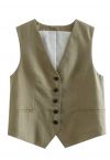 V-Neck Buttoned Down Linen-Blend Vest in Moss Green