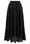 Floral Crochet Sequin Embellished Fishnet Maxi Skirt in Black