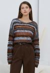 Multicolored Stripe Pointelle Fringed Knit Sweater in Burgundy