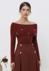 3D Sequin Flower Foldover Off-Shoulder Knit Top in Burgundy