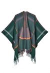 Geometric Grid Fringed Hem Poncho in Dark Green