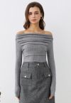 Ribbed Texture Off-Shoulder Ruched Cotton Top in Grey