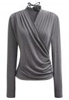 Faux-Wrap Ruched Top with Choker in Grey