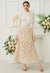 Rose Petal Embellished Mesh Maxi Skirt in Apricot