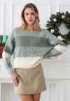 Fuzzy Contrast Stripe Ribbed Knit Sweater in Sage