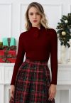 Heart Button Bowknot Ribbed Knit Top in Burgundy