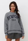 Newport Letter Crew Neck Oversized Knit Sweater in Grey