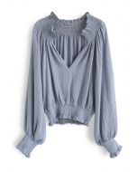 Deep V-Neck Shirred Top in Dusty Blue
