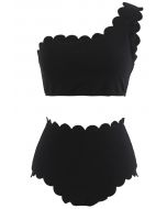 One-Shoulder Scalloped Bikini Set in Black