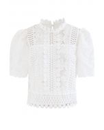 Panelled Sunflower Crochet Crop Top in White
