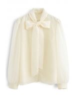 Sheer Bowknot Button Down Shirt in Cream