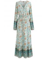Buttoned Boho Floral Drawstring Waist Maxi Dress