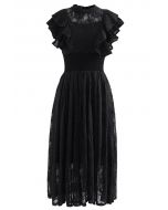 Tiered Ruffle Sleeveless Midi Lace Dress in Black