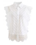 Wavy Lace Eyelet Embroidered Sleeveless Shirt in White