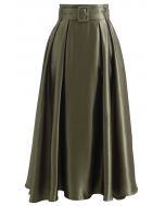 Belted Texture Flare Maxi Skirt in Moss Green