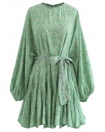 Green Floret Bubble Sleeves Frilling Dress