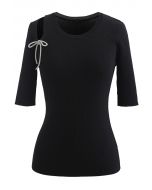 Shoulder Cutout Bowknot Rib Knit Top in Black