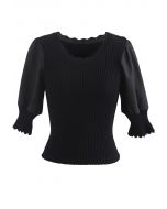 Spliced Mid Sleeve Fitted Knit Top in Black