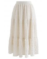 Full of Embossing Frill Hem Midi Skirt in Cream