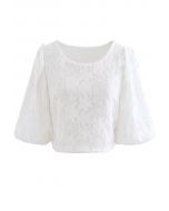Soft Touch Lace Puff Sleeve Cropped Top in White