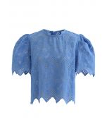 Scrolled Embroidery Zigzag Organza Top in Blue