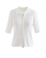 Double Zippers Short Sleeve Rib Knit Cardigan in White