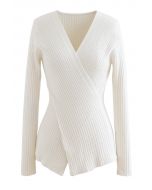 Crisscross Fitted Rib Knit Top in White
