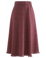 Houndstooth Fringed Hem Knit Midi Skirt in Red