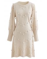 Puff Sleeve Pom-Pom Sweater Dress in Cream