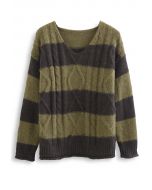 Color Blocked V-Neck Cable Knit Sweater in Olive