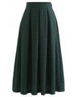 Shimmer Gingham Pleated Midi Skirt in Dark Green