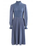 Cable Knit Spliced Pleated Midi Dress in Blue