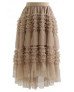 Ruffle Tiered Hi-Lo Mesh Tulle Skirt in Tan