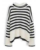 Striped Oversize Flare Sleeve Turtleneck Knit Sweater in White