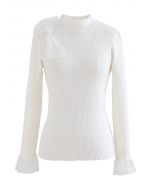 Sheer Side Bowknot High Neck Knit Top in White