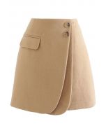 Double Flap Wool-Blend Mini Skirt in Tan