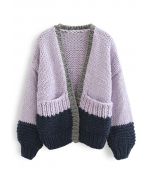 Color Blocked Hand-Knit Chunky Cardigan in Violet