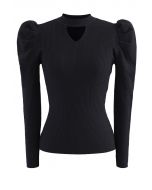 Cutout Gigot Sleeves Fitted Knit Top in Black