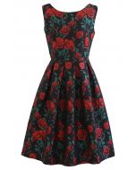 Glam Red Rose Jacquard Pleated Midi Dress