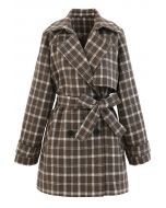 Double-Breasted Plaid Wool-Blend Coat in Brown